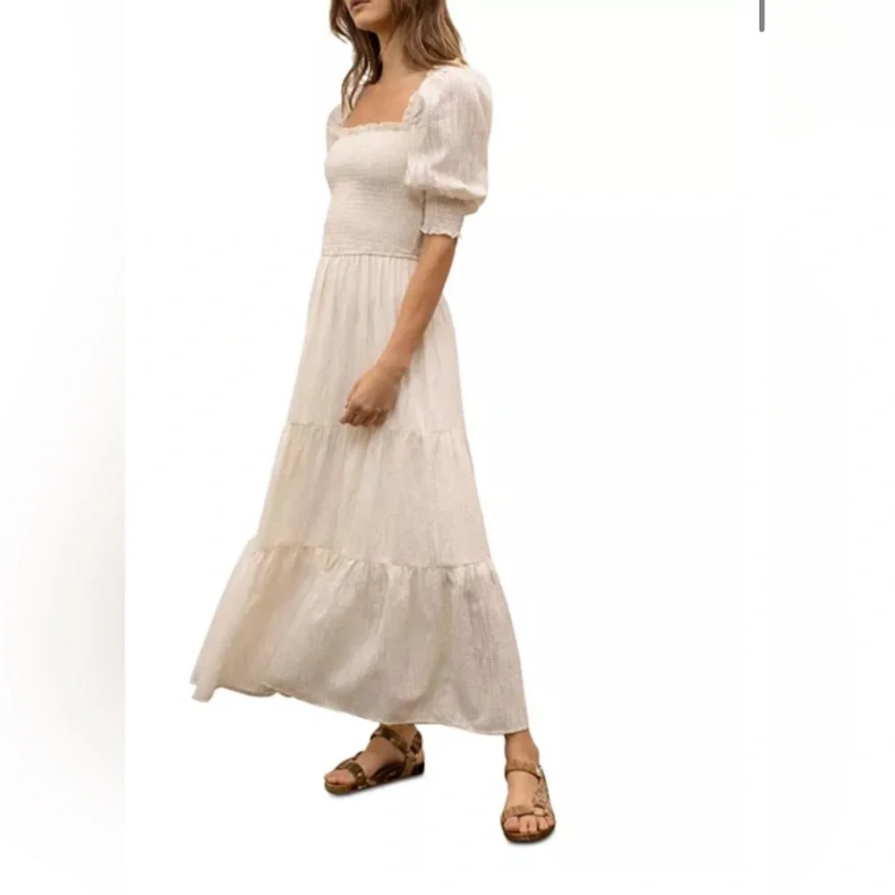 Moon River Cream Smocked Puff-Sleeve Tiered Maxi Dress - Picture 1 of 14